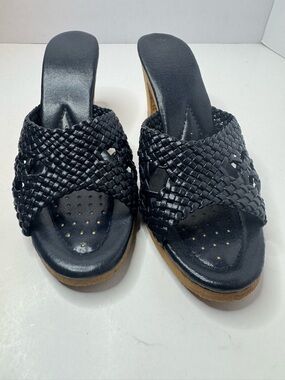 Vintage Footnotes Black Woven Cork Wedge Sandals Women's Size 6M
